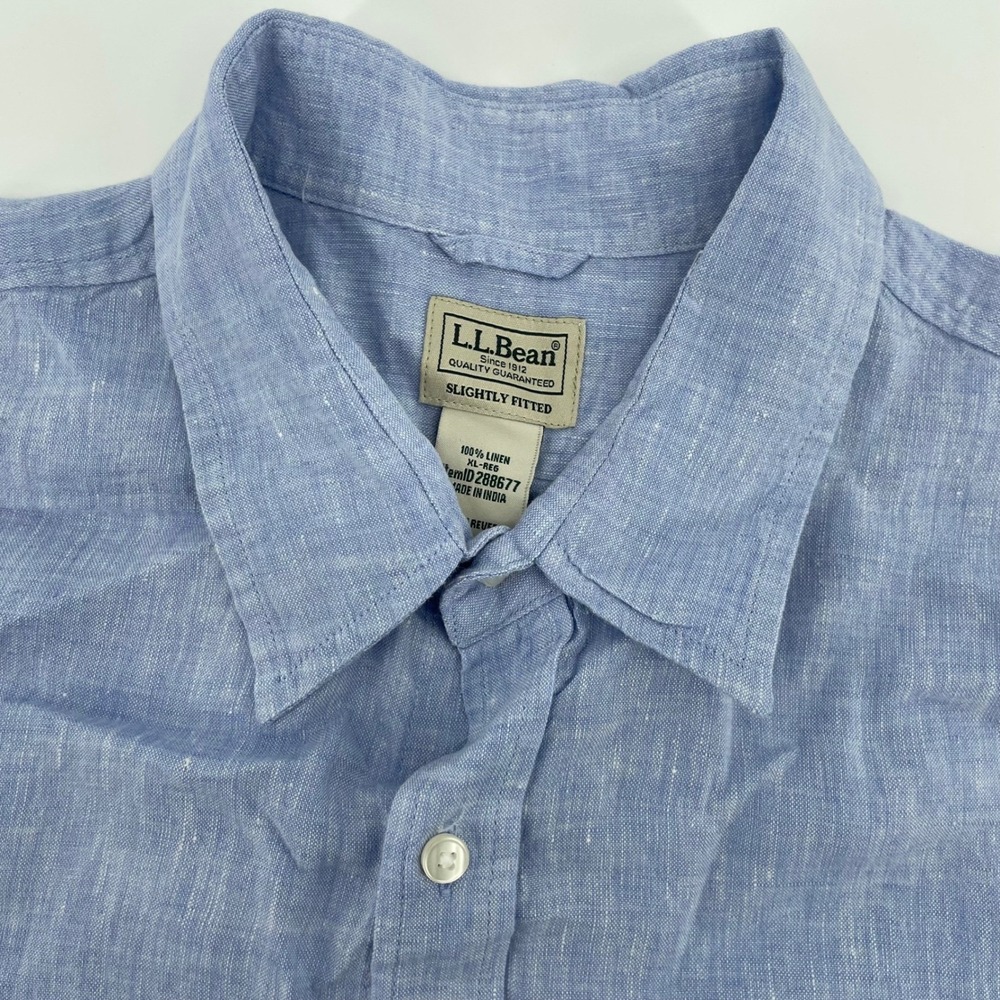 L.L Bean Men's XL Blue 100% Linen Short Sleeve Button Down Shirt Slightly Fitted